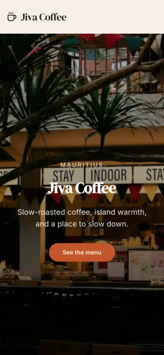 The Jiva Coffee website Clawfront built from that chat, shown on a phone